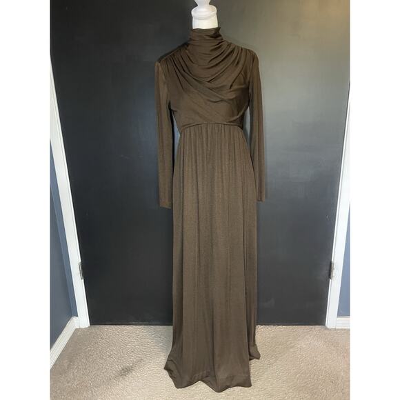 1970s Metallic Bronze Gown w/Draped High Neck/Long Sleeve Maxi–Talon Zipper - Picture 2 of 11